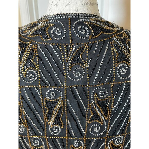 Valarie Stevens Evening black Gold & Silver Beaded Silk Cardigan Vintage 22 - Picture 6 of 15